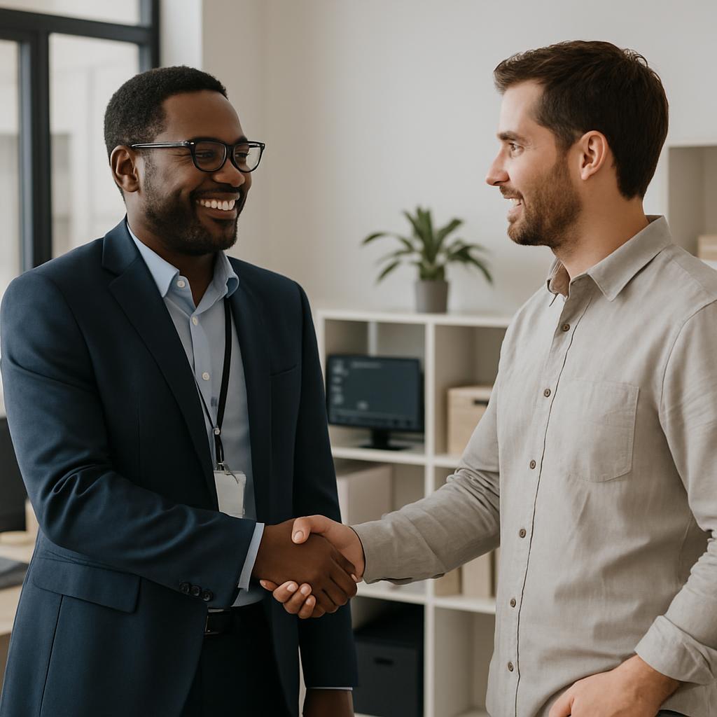 two men shaking hands in businesslike setting