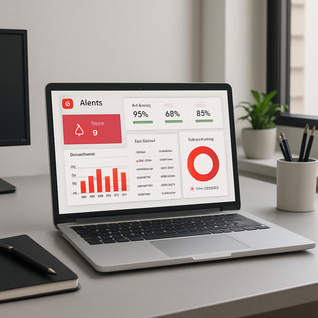 * Laptop Computer * White Desk Top * Small Notebook * Black Pen * Laptop Monitor * Small Plant * Window with Light Coming In