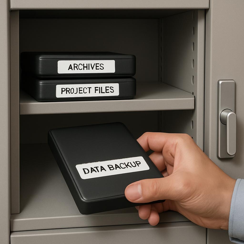 A hand holds a black "DATA BACKUP" box in a grey cabinet with two labeled shelves, containing 'ARCHIVES' and 'PROJECT FILES'.