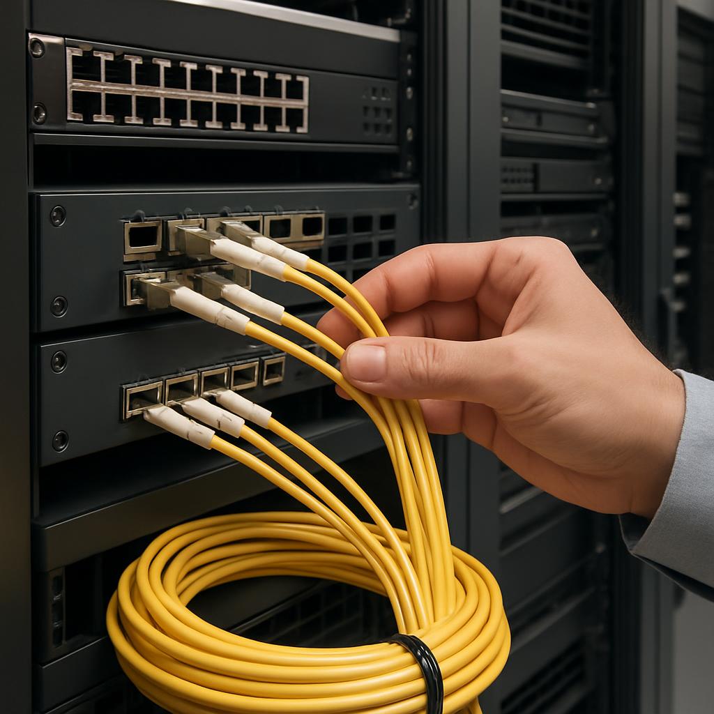A hand holds a yellow network cable with a twist-tied bundle below, attached to a row of switch ports.