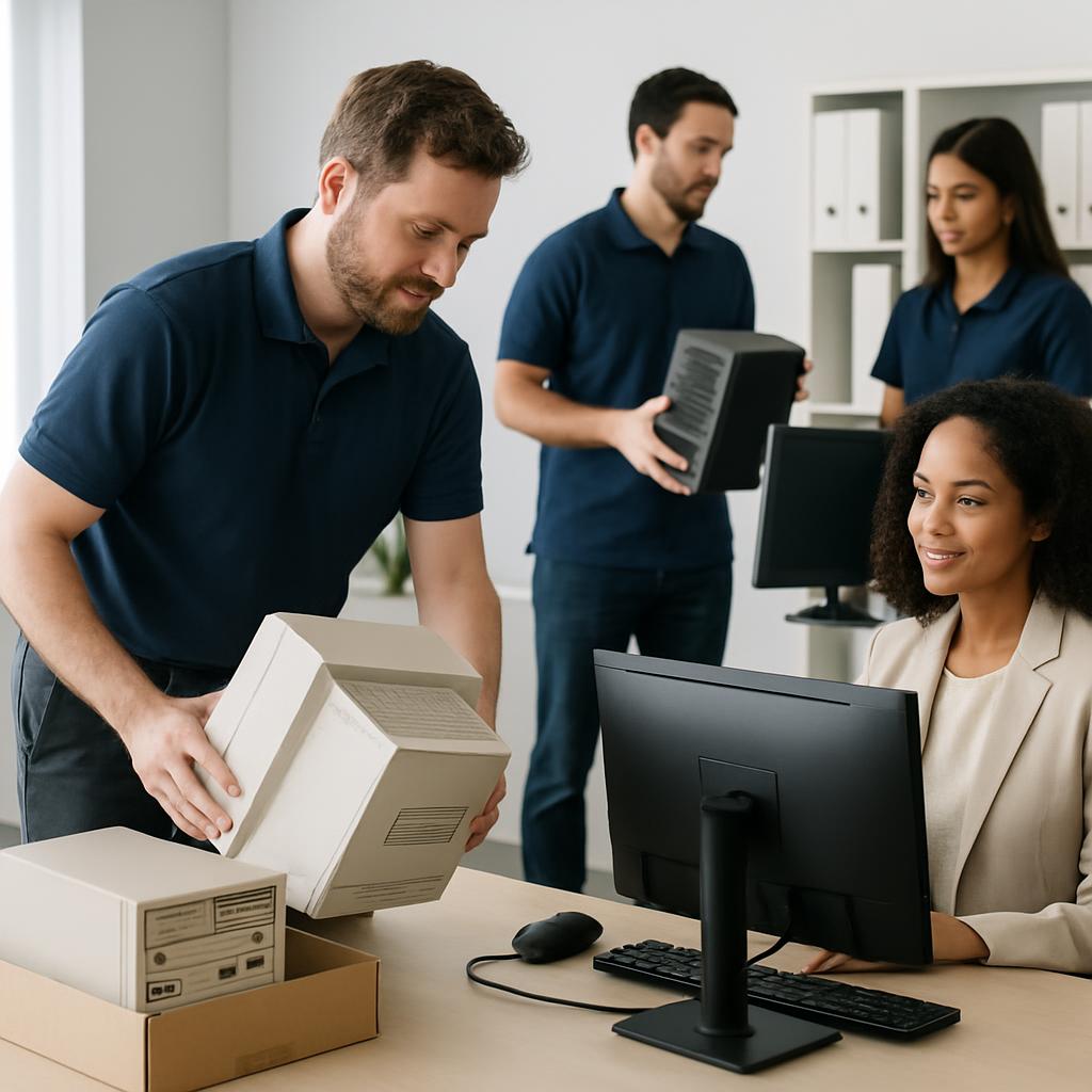A group of office workers unloading computer equipment for a relocation or redeployment.
